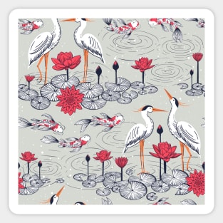 Koi fishes - Japanese carps, water lilies and cranes. Sticker